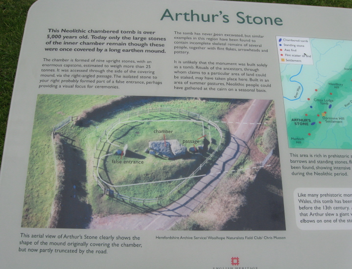 Arthur's Stone The site noticeboard has a plan of how the site would have looked originally. Sorry it is a bit fuzzy, but it'll help to interpret the layout.
(I dowsed briefly and found the horns of the forecourt extending further to the south, touching the present-day hedge. This involved walking around at a much lower level as the fenced area of the dolmen is raised up on a bank.)