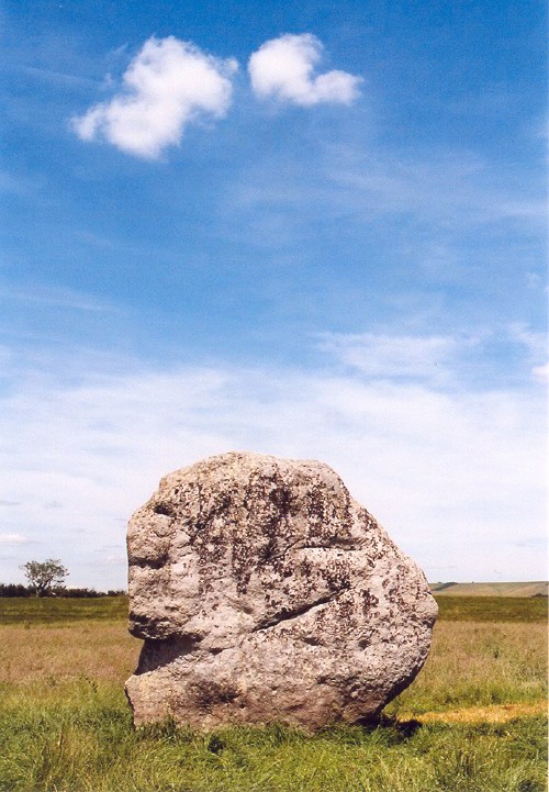 Avebury This is the stone near the centre of the NE segment of Avebury, not far from The Cove. I've now found my Avebury guide and it is numbered on a map as '201', and thought to be part of the 'Northern Inner Circle'.
Despite the angle of the picture (taken to show those two little clouds!), it is quite a tall one - about 10 ft?