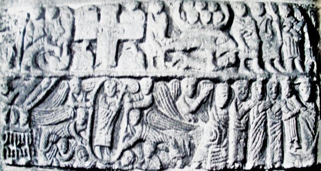 St Mary the Virgin (Wirksworth) Detailed image of the Anglo-Saxon Wirksworth Stone/coffin slab, dating from the 7th-9th century. Carved on it are various scenes from the life of Christ with apostles and family members. This stone is said to be the finest example of Saxon carving in England. It was found beneath the chancel floor in 1820.