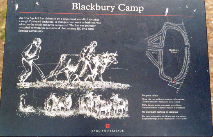 The English Heritage noticeboard at Blackbury Camp. Also known as Blackbury Castle (this name used in 'Prehistoric Hillforts in Devon' by Aileen Fox, published by Devon Books, an official Devon County Council publication, in 1996.)