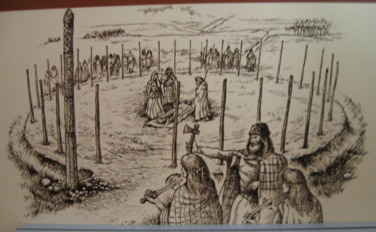 Artist's impression of Bleasdale wooden circle in its heyday.  From a poster in Ribchester Museum, May 2012.