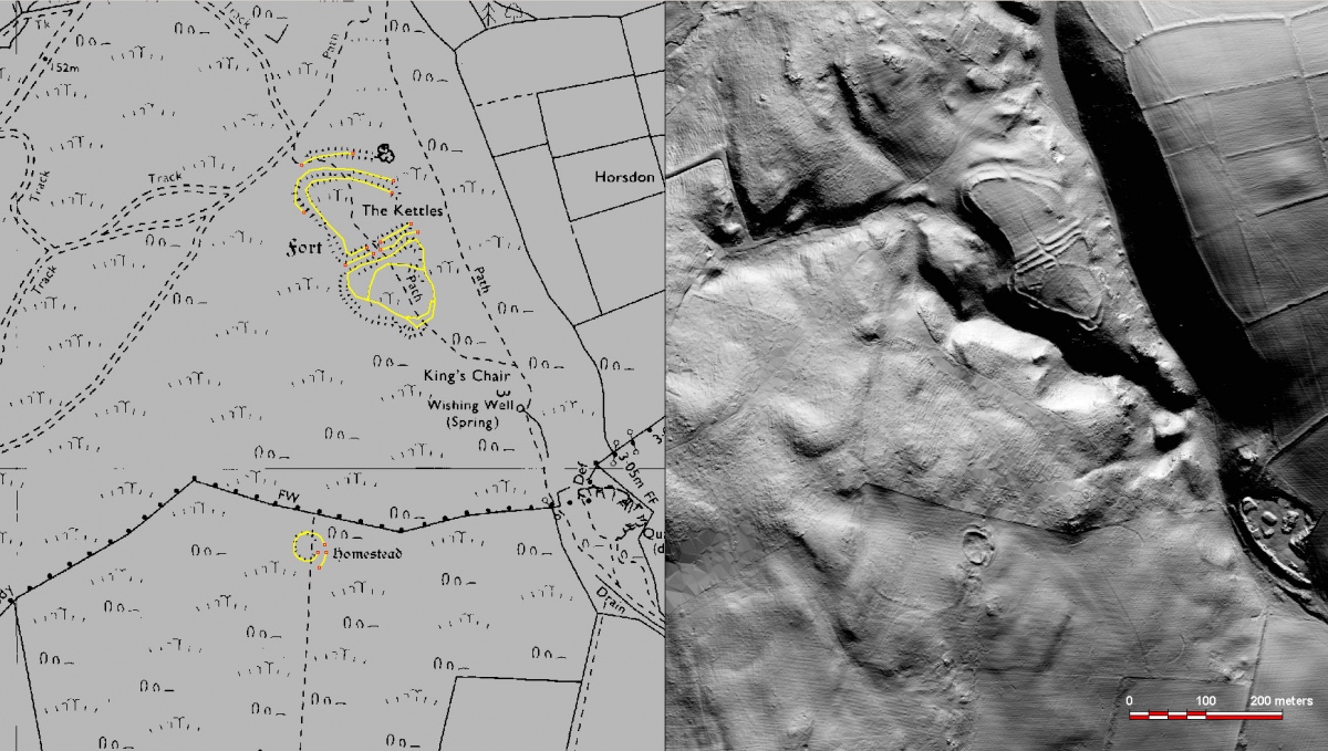 This an enhancement of lidar data captured by the Environment Agency in 2020, showing The Kettles and an enclosed 'homestead'. Essentially lidar is very high resolution terrain elevation data - 1 metre (x,y) and about 5 cm (z - elevation). This image is a simulation of solar shading from the north. An interpretation of features ius shown at left on the OS 1:10,000 map.