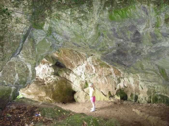 An interior shot of the cave - though of this part much of the roof has caved in. The interior is steeply sloped, and on our visit, many sloppy cow pats made for slippery surfaces, and unpleasant hand grips!