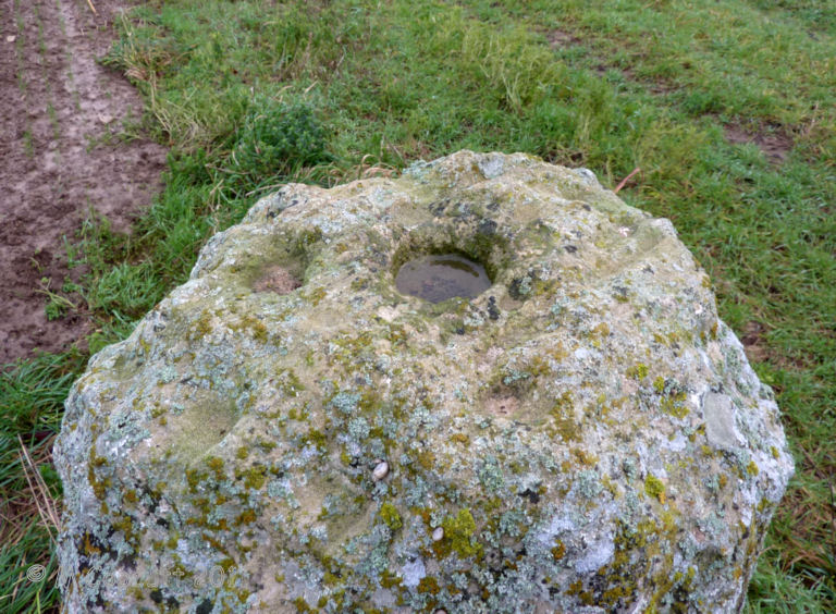 I have read that there are some cupules in the stone, perhaps there are remains of a couple on the north side, but was not too convinced by any others. On top the stone is rain worn, and indeed has a large circular hole in the middle, which I think is more likely to be a mounting for an old cross rather then a prehistoric cupule.