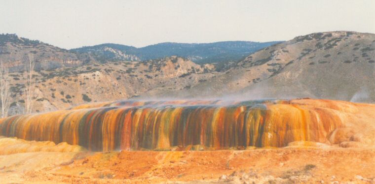 Beautifully coloured mineral deposits from the Kırmızı Su (Red Water) hot springs at Karahayıt.
February 1982.