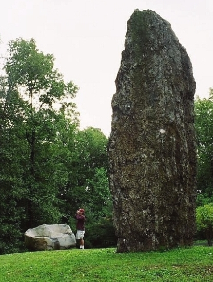 The tallest stone at Columcille, erected in 1991. They call it Manannan. My husband is in the back looking at the red-tailed hawk, which flew to the trees at our approach.