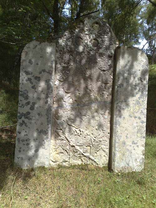 Glenferness Sorry for poor picture quality; the dappled sunlight under the trees does not suit my Nokia N95's camera.
At centre top is the cross (you can see the four circular cut-outs at the vertices); at centre bottom is a square (cracked diagonally across) with two figures embracing; the rest of the surface is covered in interlaced spirals.
It is called