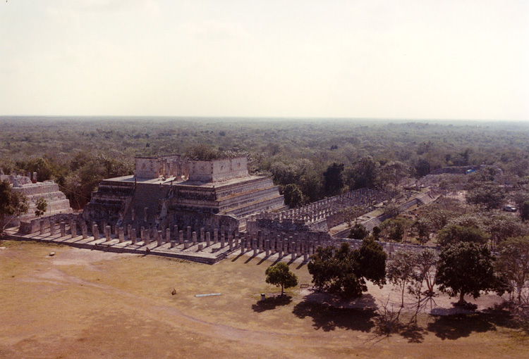 A view from the top of El Castillo down towards the Temple of the Warriors and the Thousand Column Building.