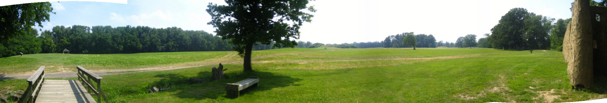 Angel Mounds 180 degree stitch of the Angel Town site.
From left to right:
The rise of the original stockade wall site and Mound L in midground. A properly sized framework of a replica