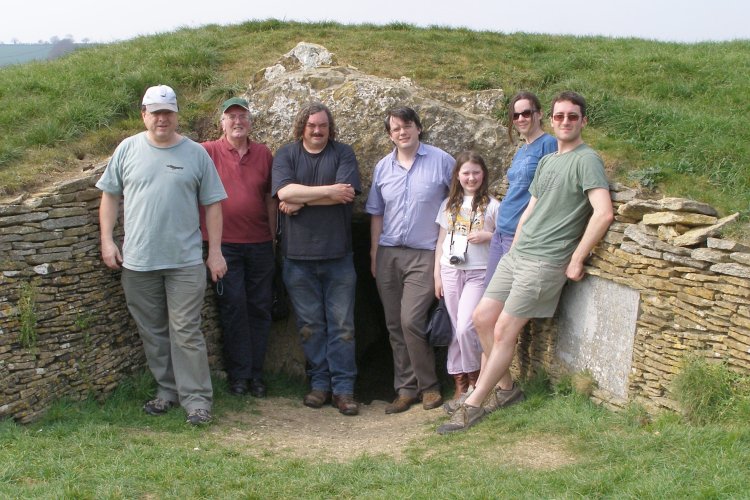 Everyone at the entrance to the reconstructed Stoney Littleton chambered long barrow (camera on timer).