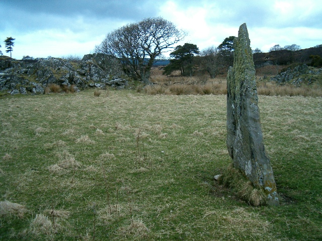 Standing stone at Achadh Chaorann
This stone is near the foreshore of a small bay off West Loch Tarbert.

Copyright Patrick Mackie and licensed for reuse under the Creative Commons Licence