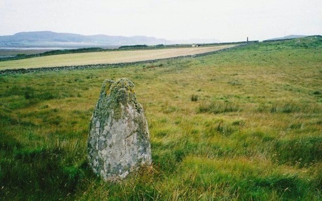 Ballinaby standing stones, the northern stone with the southern one in the right background.