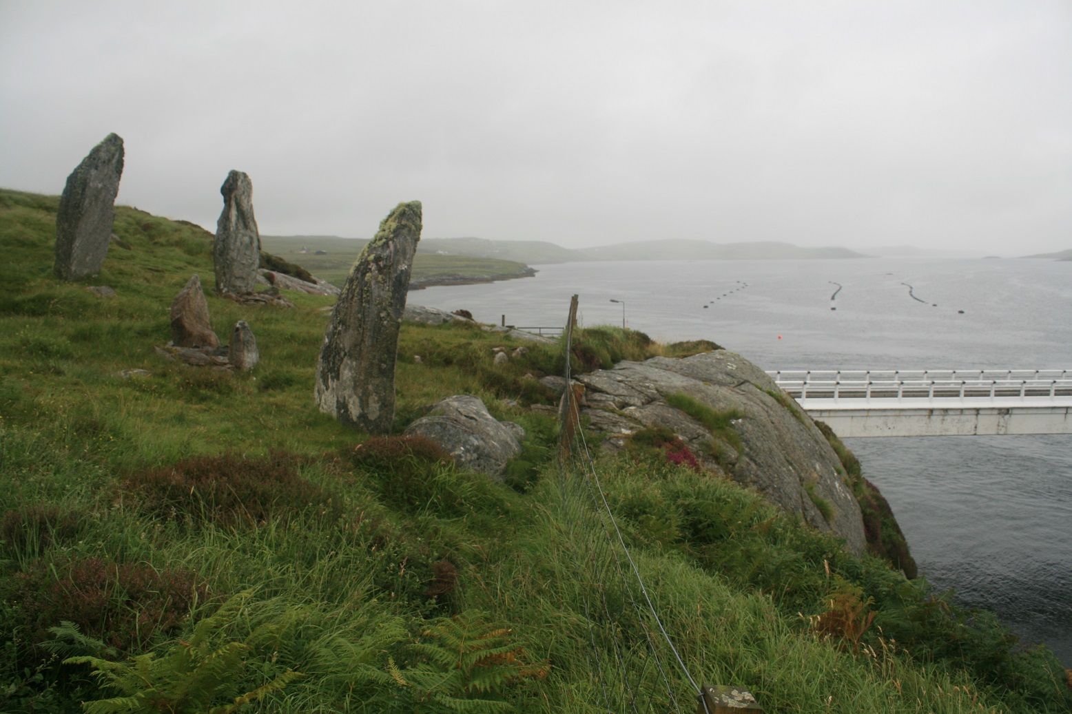Callanish 8 The stones seem to be kind of peering over the edge, doesn't the rounded, eroded outcrop prove there has been no land slide taking the other half of the circle with it?