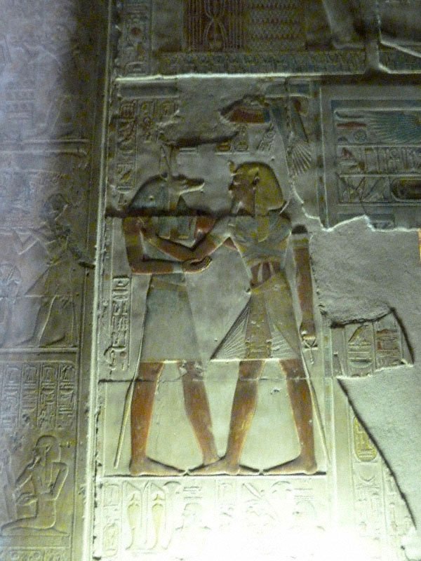Bas-relief of Anubis, a deity associated with mummification and the afterlife, with Seti I
