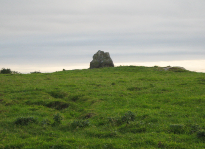 Trearddur standing stone or tomb viewed from the fence at the roadside.  [Zoomed-in shot.]
I might have investigated this one if a strange man hadn't been wandering through the field.