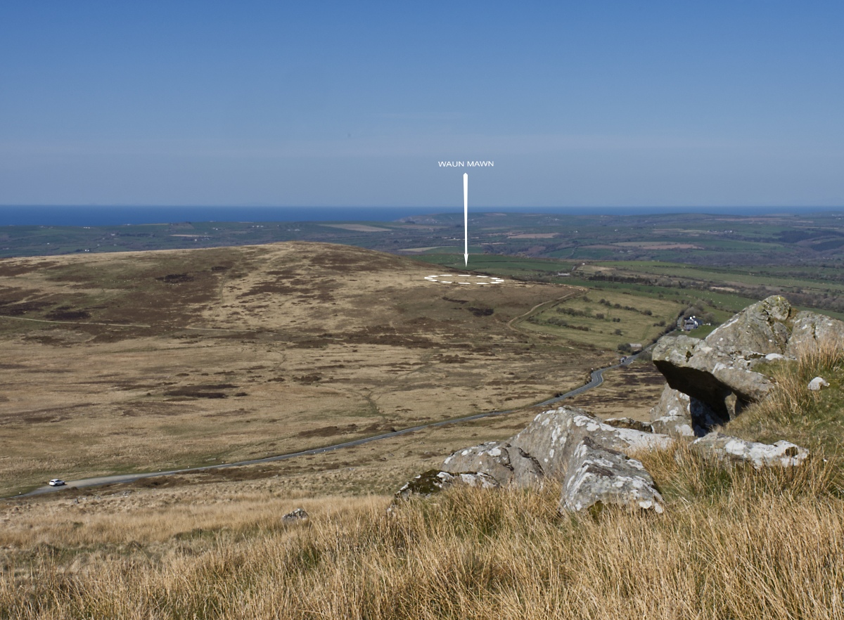 Showing the location of Waun Mawn and its environs from the south (so looking N) from Mynydd Commin.  So I went back to Waun Mawn and boy what a difference a TV programme makes!  Every time I have visited this site I have never seen anyone else, they tend to park at the top of the hill and take the easy walk to Cerrig LLadron (Foel Eryr) to take in the views from the summit and its Bronze age buri