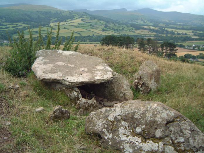 Ty Illtyd SO 0984 2637
A Black Mountains group long cairn measuring 75’ by 51’ with a rectangular N-facing burial chamber set off-centre. It has 3 wallstones and a sloping capstone and was over 4' high but the floor level has risen over the years so that the clearance is now under 3'. The chamber opens on to a rectangular forecourt. The large stone to the NE of the chamber (lower left of picture) proba