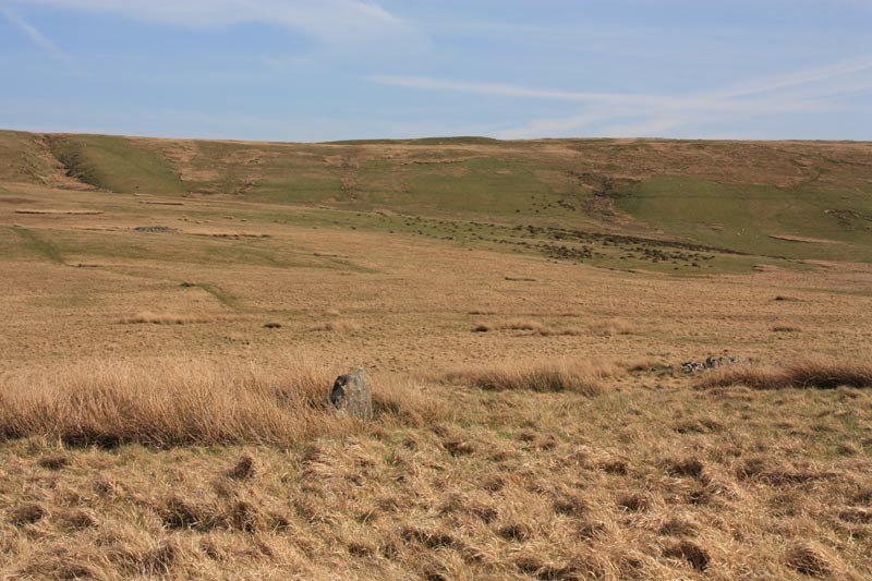 Looking South. Beyond the stone can be seen some of the nearby cairns.