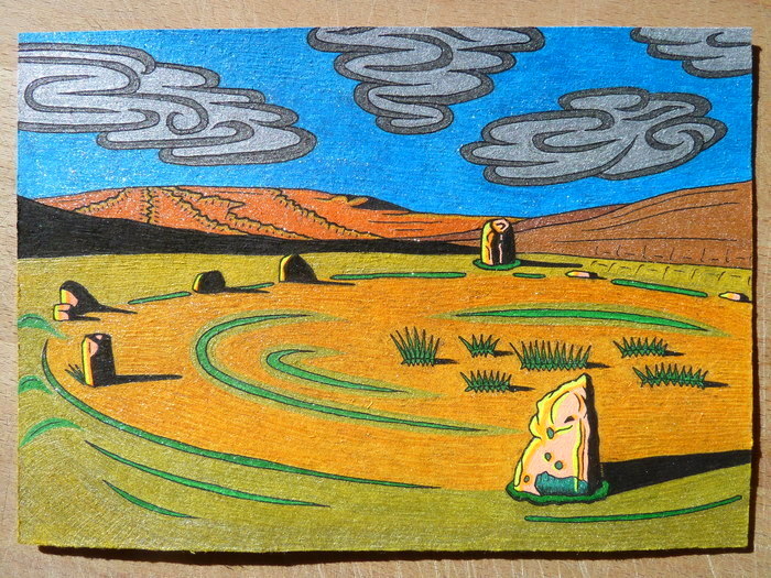 Cerrig Duon Stone Circle with Maen Mawr just behind. This Original Artwork in a glass frame is £39.99 + Postage (Just whatever it costs), and is 12 and a half cm by 18 cm. A limited (to a 100) edition print in a 8