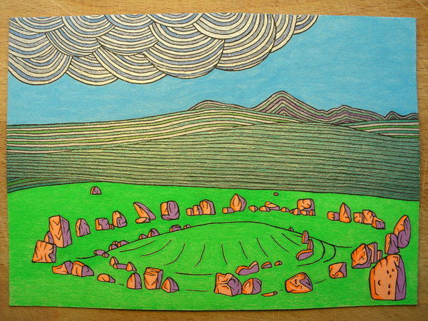 Ballynoe Ballynoe stone circle with the Mourne mountains looming in the background. This Original Artwork in a glass frame is £39.99 + Postage (Just whatever it costs), and is 18 cm x 12 and a half cm. A Limited (to a 100) edition print in a 8