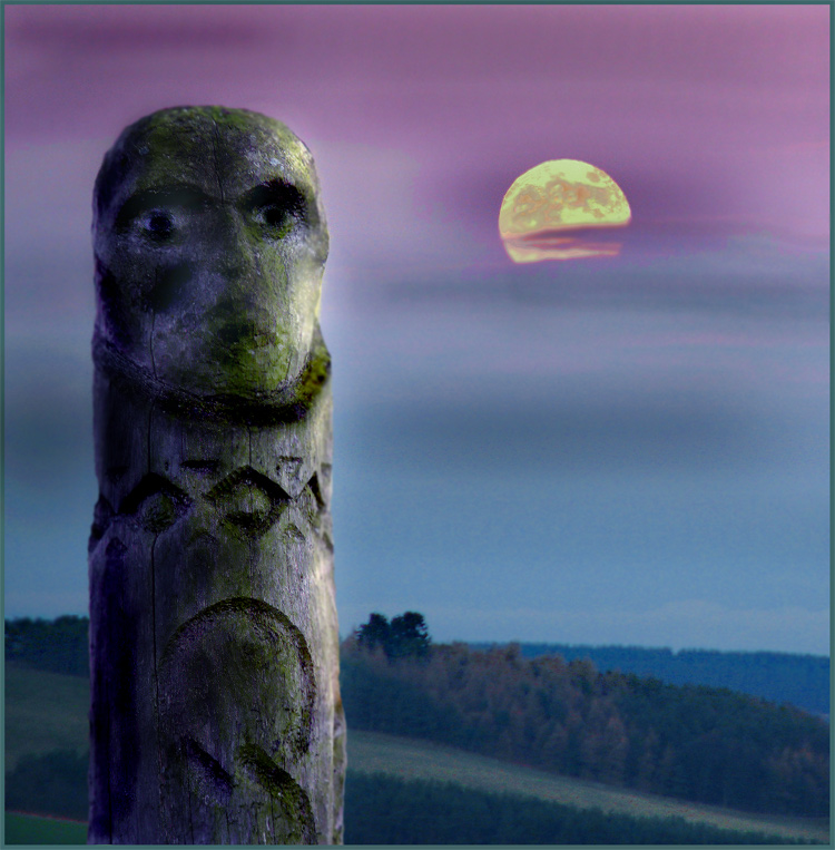 Milfield Reconstructed Henge at Maelmin Heritage Centre
This wooden sculpture, from 2000, represents the various races who have populated the Northumberland area.
This image is dedicated to my ancestors from these races!
The original neolitic settlers from 10000BC whose hut remains, showed a complex society.
The Celts, who arrived 800BC, and built the hill forts that can be seen on most Northumbrian summits.
The Anglo-Saxons settled i