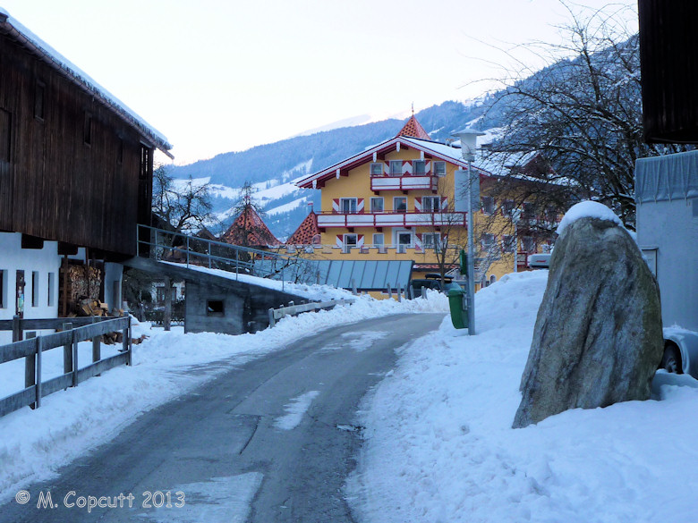 To the southern side of the town of Mayrhofen, in the locality of Stoanerhof, a couple of large stones can be seen standing at the sides of various lanes between the farms and chalets. I only have pics of this one. 

I have no idea whether they are ancient menhirs, but they don't look natural to me, and look to have been stood in their positions deliberately.