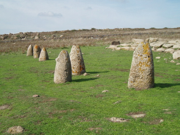 Anthropomorphic Statue Menhir in Sardinia close to Nuraghe and Chambered tombs. 3 male and 3 female. between 1.5 and 1.2 Meters tall. Also called baethyles.