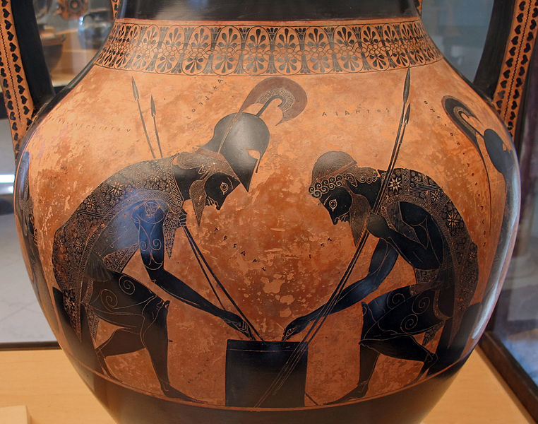 Achilles and Ajax absorbed in a game of dice and pawns. Artefact in the Gregorian Etruscan Museum. Achille et Ajax absorbés par un jeu de dés et de pions.
Référence : Véronique Dasen 