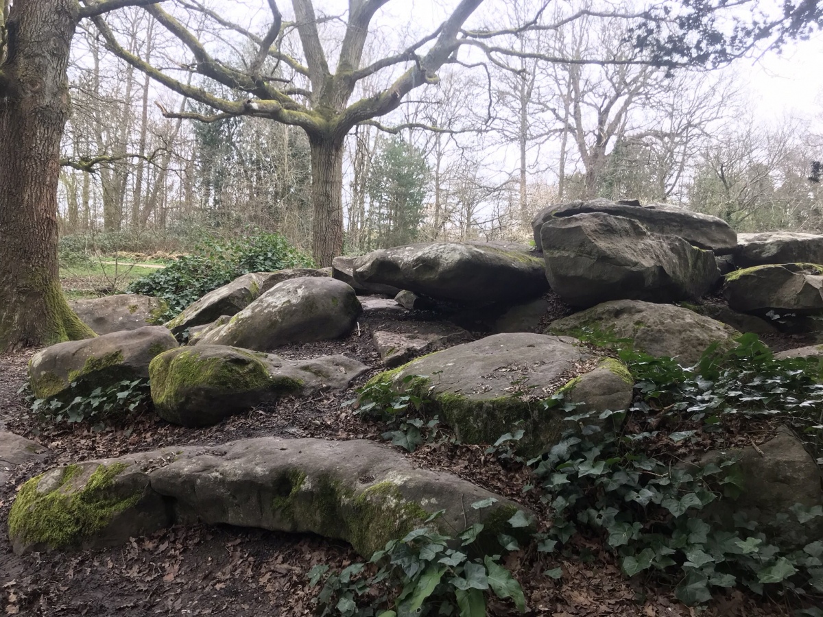 A grotto and stone circle within the University of Reading’s Whiteknights campus. Installed by George Spencer-Churchill (1766-1840), 5th Duke of Marlborough. The sarsen stones were shipped from Clatford Bottom near Avebury, taken from drifts favoured by Neolithic people. 
