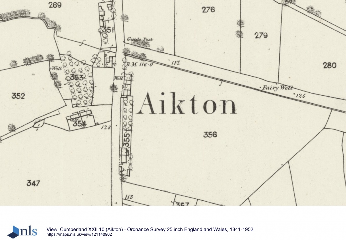 Courtesy of the National Library of Scotland, this is the 1864 OS map (25 inch), showing the location of Fairy Well.  There are two dots shown at this location.  On the northern side of the road, there was nothing visible, only vague signs of water emerging from the base of the hedge on the south side.  See 1864 OS map 25 inch Aikton.
