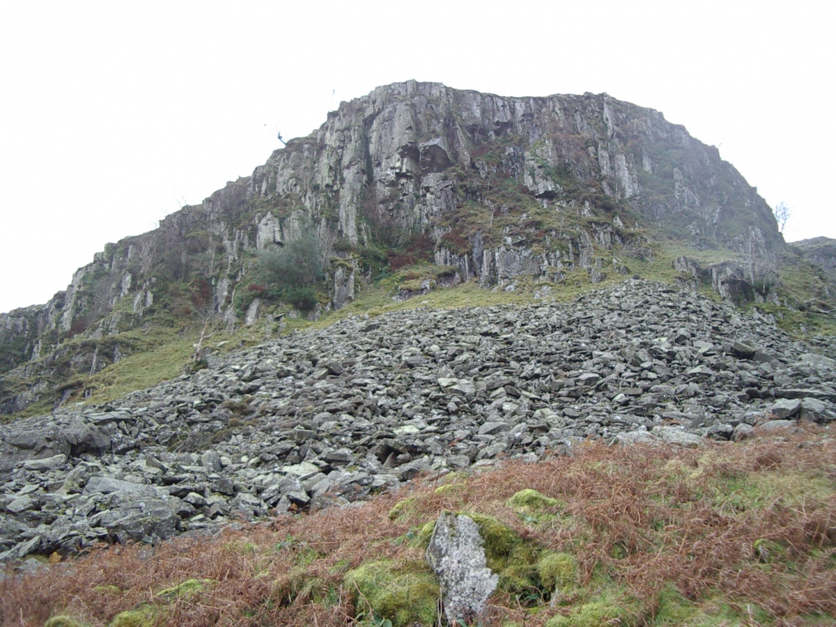 The cliffs to the NE of the Hillfort fall abruptly and dramatically onto a boulder strewn hillside - no place for anyone to fall from the fort above! A major reason why the fort was so well naturally defended. 
It must be remembered Haweswater did not exist in its present watery extent in Iron-Age times but a deep valley and small tarn did.
