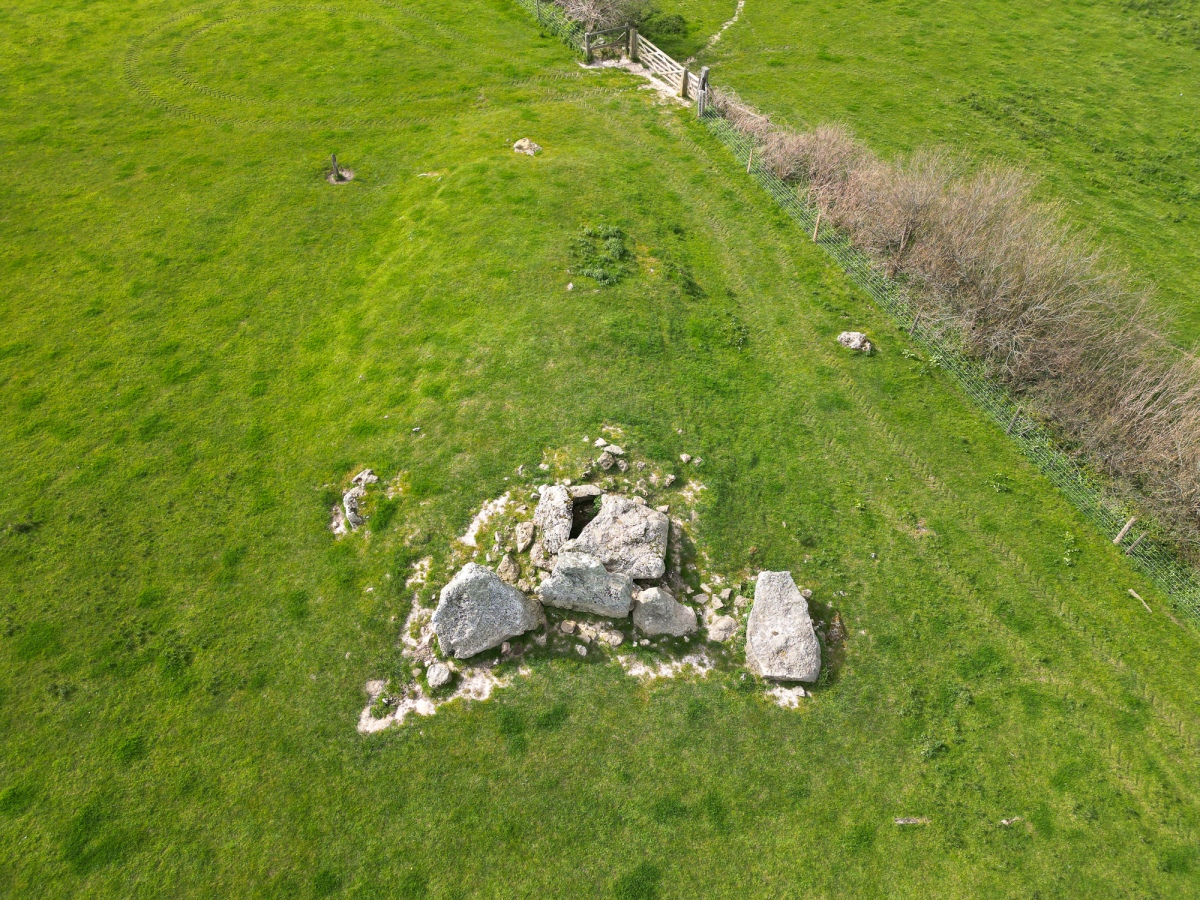 Aligned southeast to northwest, the barrow mound is now about 24 metres long, although originally it would have been longer and still survives to a height of about a metre and width of 13 metres at the southeast end behind the chamber to about 8 metres at the northwestern end.  This collapsed burial chamber still has two large uprights in situ, another horizontal slab behind the tomb is believed t