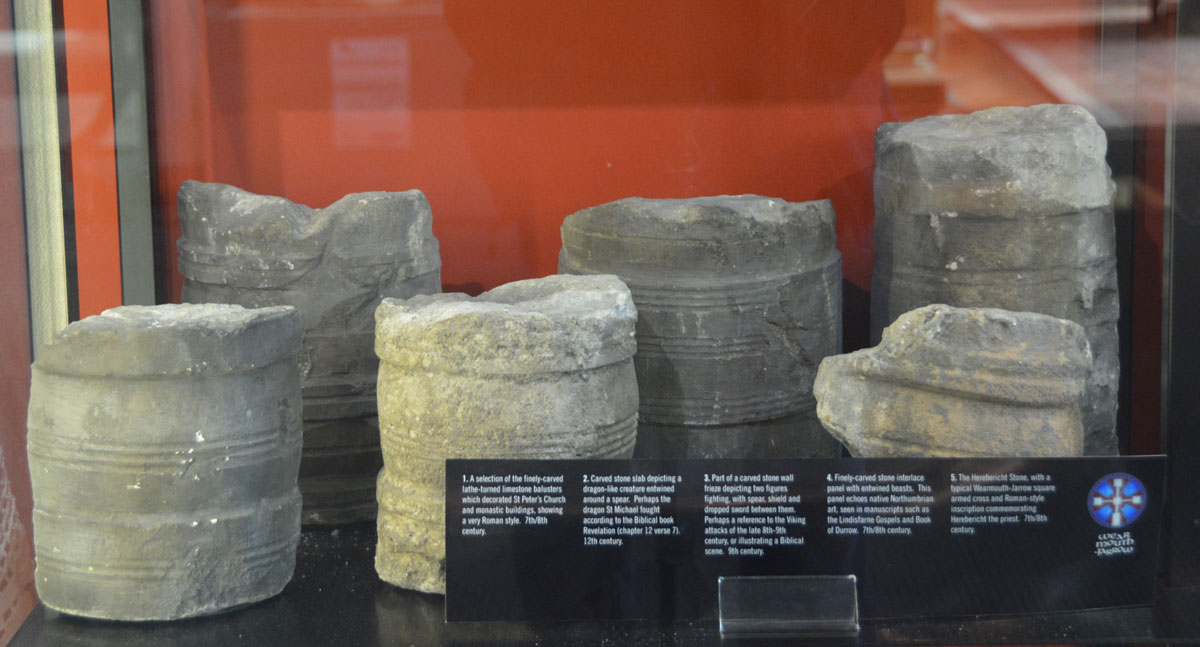 The Corpus of Anglo Saxon Stone Sculpture records a total of thirty five baluster shafts found at St Peter's, 20 of which are displayed in the show case at the east end of the north aisle in the church.  Dating from the last quarter of the seventh century, many still retain the holes at their top and bottom to enable them to be worked on a lathe. 