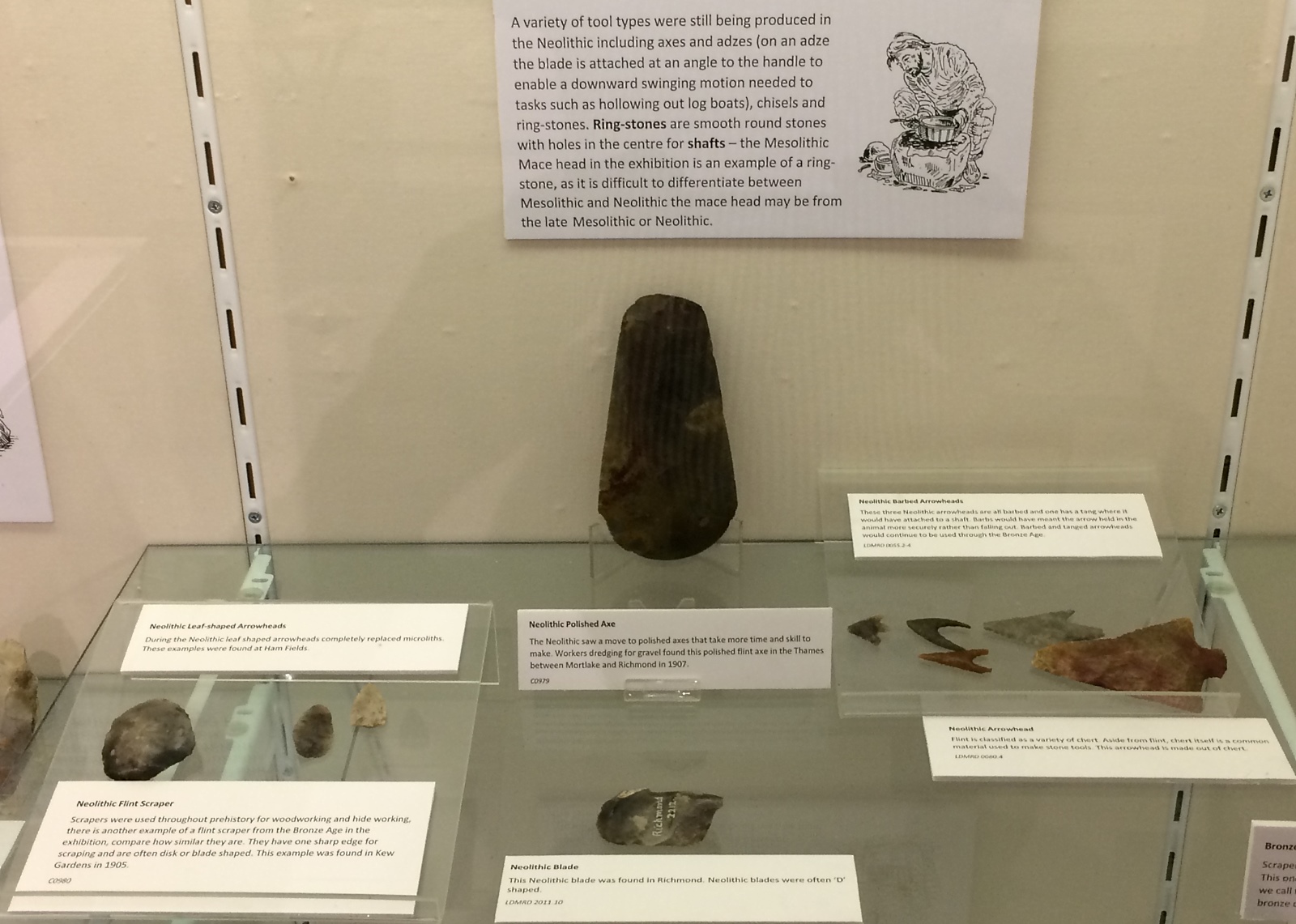 Neolithic Axe, Arrowheads and Scrapers. Part of the temporary Richmond’s Prehistory display, to October 2018