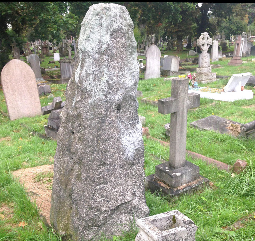 The second of three possible standing stones within Kensal Green Cemetery, located in the area around the Anglican Chapel at grid reference TQ 23127 84205.