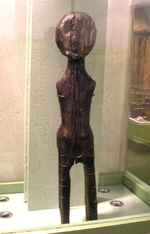 The Dagenham Idol while on display at Colchester Castle Museum in 2008. 
Found in the Thames mud when the Ford factory was built in the 1930's, and dated to 2250BC. 