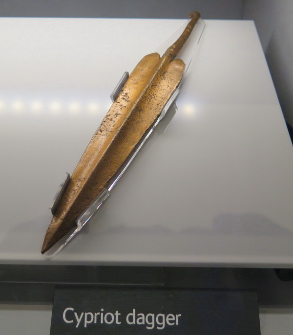 Cypriot Dagger dated to around 2000BC on display at this museum in April 2015 and on loan from UCL Institute of Archaeology. 