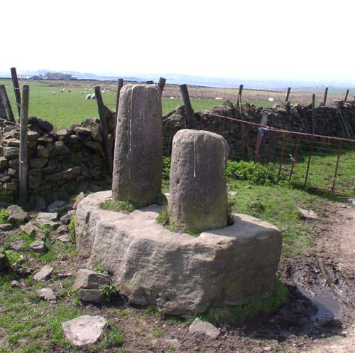 Robin Hood's Picking Rods on Mellor Moor at GR: SK006909.  The Rods are believed to be the bases of double cross shafts dating to the 9th century, similar to The Bowstones in Lyme. They are used as boundary markers.

According to local tradition Robin Hood bent his bow between the Rods.