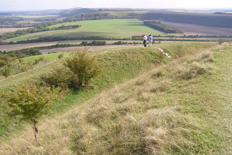 Earthworks at the northeastern corner of the hourglass-shaped hillfort on Beacon Hill. The eroded path over the outer rampart shows where most modern-day visitors access the fort's interior, coming up from the car park next to the A34 road in the valley below. The fort's original entrance is at the southeast corner where Beacon Hill slopes away much more gently along a  long ridge.