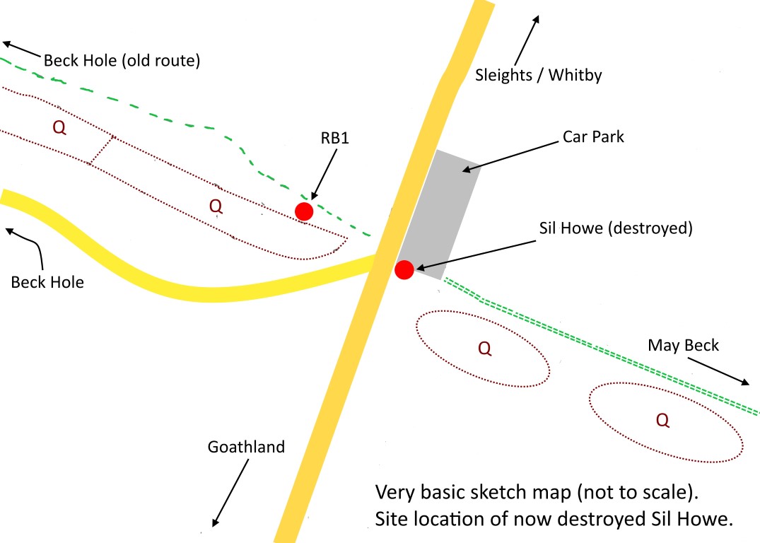 Very basic sketch map (not to scale) – Showing the site location of the now destroyed Sil Howe 

Sil Howe at NZ  85190 02830 – Information from official record.
RB1 – Round barrow at NZ 85150 02861 (my gps). 

Q – Are disused quarries along the Whinstone range. It should be noted that there are spoil heaps along and either side of these quarries and that RB1 appears to be in line with