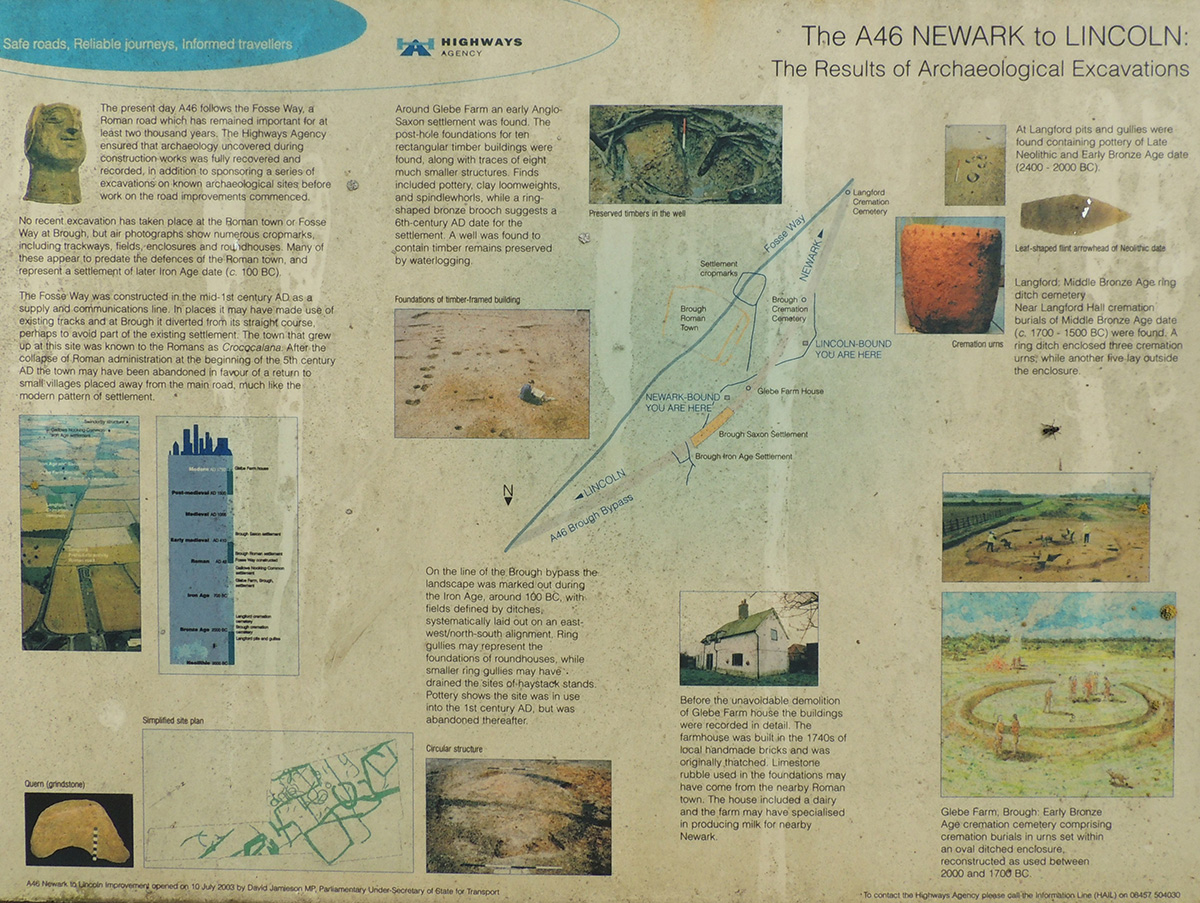 The interpretation board at the layby providing information about Langford, Brough and Glebe Farm sites on the A46

[You may need to expand your browser window a bit to see the full size image]