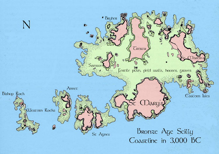 More than five hundred Neolithic and Bronze Age sites above the present high water line have been excavated in the Isles of Scilly. With another thirty or so only accessible at the lowest tides, excavations of these have only been possible for short periods at low water. Normally submerged sites that have been excavated include: ten hut circles, seven cists and graves, four field wall enclosures a