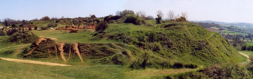 This is a (composite) view of the summit of Ham Hill from the monument area, looking back at the small quarry (centre), with the modern stone circle far left. There are ridges in the western edge of the hill (right) that look like original Iron Age banks to me. Maybe I'm mistaken? Jim Champion might know this!