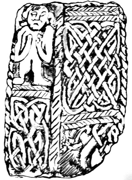 A fragment of an Anglo-Saxon cross in All Saints Church, Ilkley. This was discovered in 1868 buried beneath a cottage close by. On one side a figure with his hands raised in attitude of prayer. The other side has interlacing and a odd looking animal at the bottom.