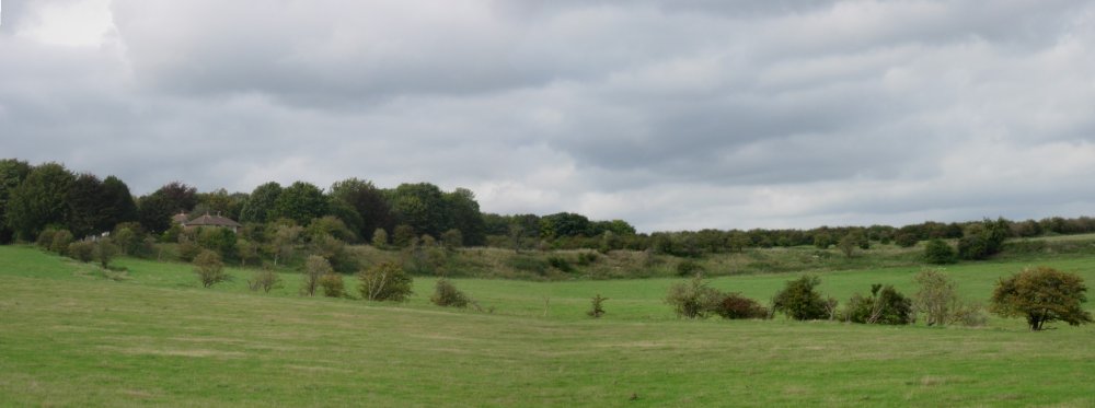 A composite image of half of Durrington Walls (the western side); compare scale of house to the left with the ring left in the landscape.