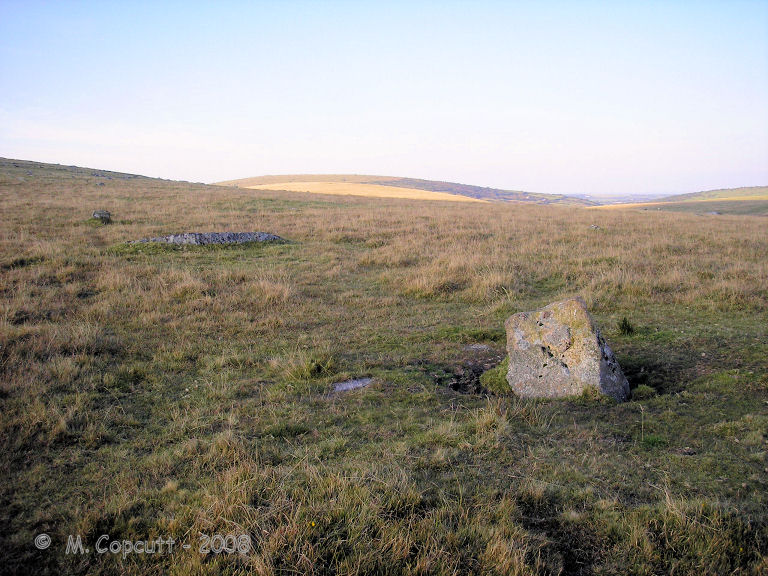 Looking northwards across Leskernick 2 stone circle. 
The two 