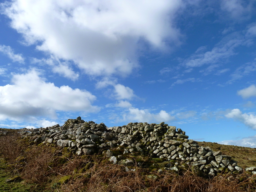 Carn Galver Cairn, Three concentric stone walls were found when excavated and between the outer and middle wall was found an urn containing bones and charcoal. Part of the cairn was removed and used in a building and only a section of the mound was actually excavated.