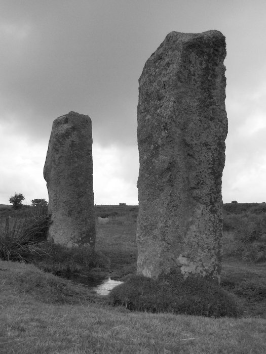 August 2006, on a rainy afternoon close by the Hurlers stone circle. The Pipers in monochrome, since the natural colours were so desaturated anyway. A very exposed location. Cornish folklore question: Why would you have pipers at a hurling game?