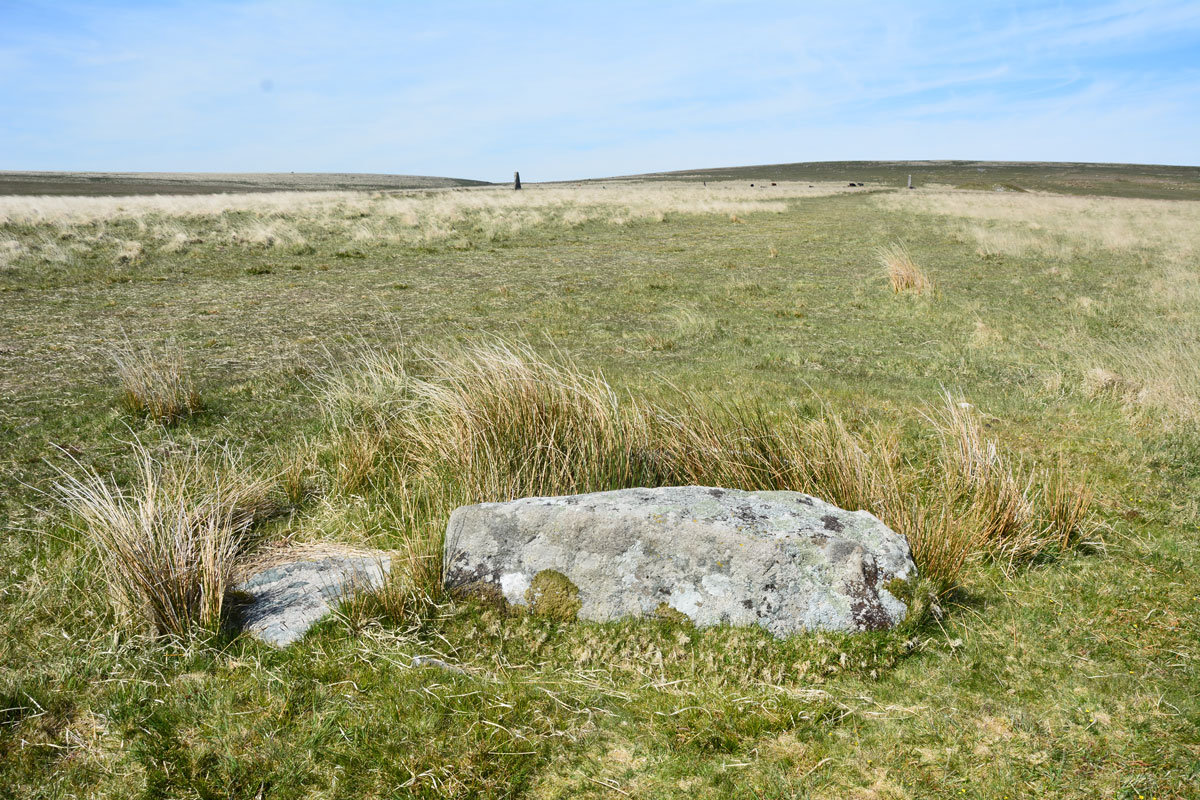 Looking over the cover stone to the stone rows in the distance. The longstone of row 1 is towards the centre of the photo (just on the skyline), the longstone of row 2 towards the right.