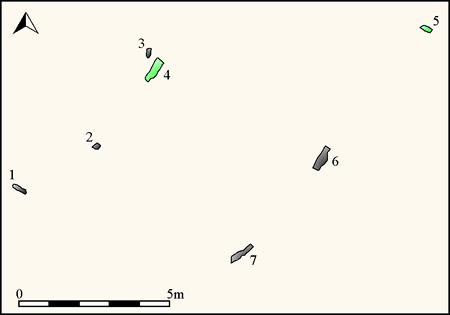 Plan of Benjamy stone row showing the position of the numbered stones (Source: Survey at 1:100 by Sandy Gerrard).